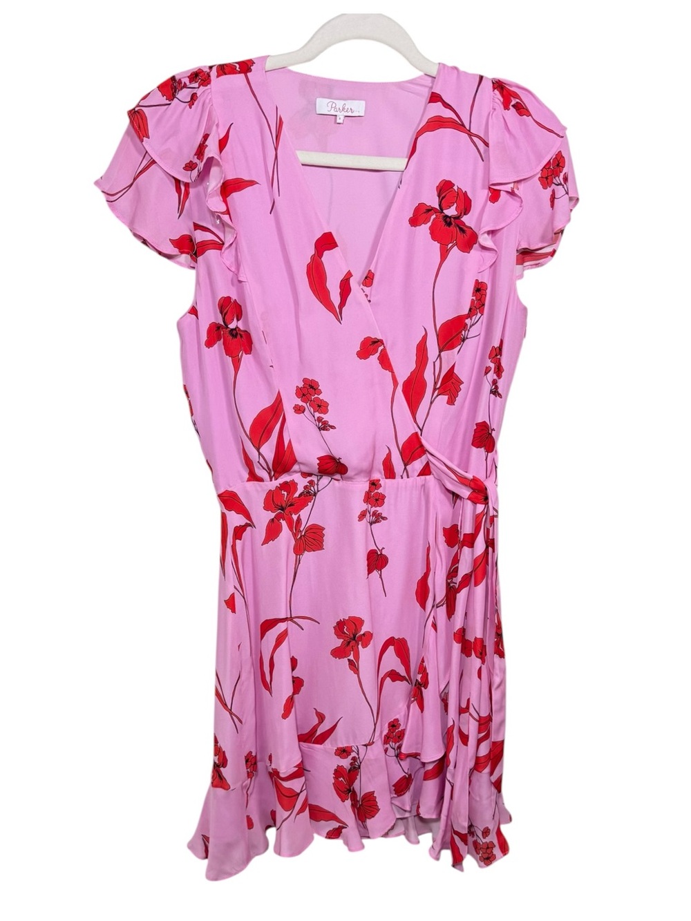 Parker Silk Blend Floral Flounce Dress Red Pink Wedding Guest Size 8